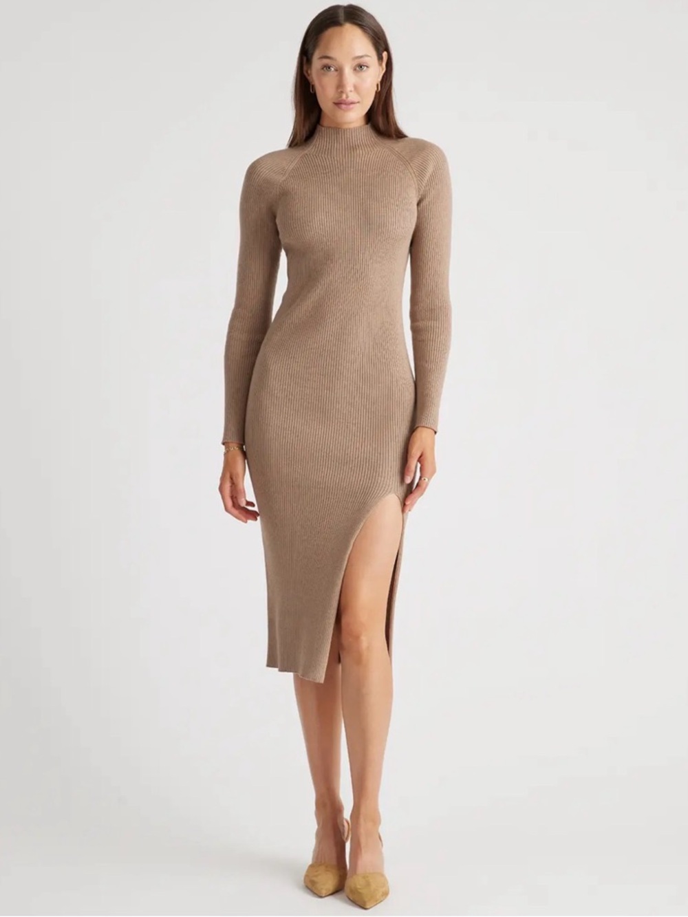 Quince Taupe Ribbed Mock-Neck Midi Dress with Side Slit